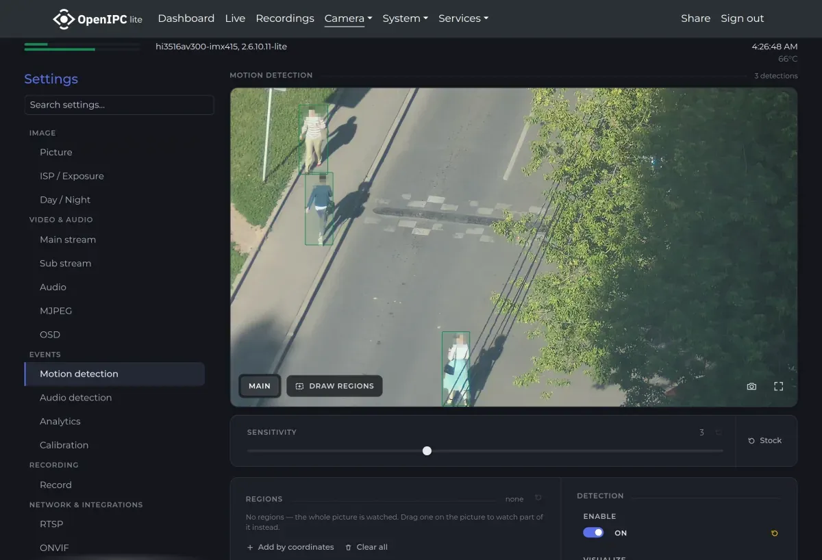 Camera - Settings - Motion detection page of the OpenIPC web interface