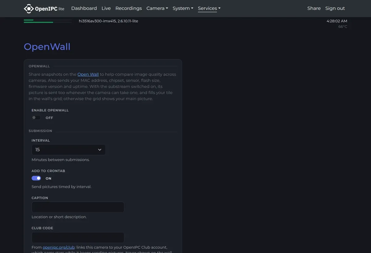 Services - OpenWall page of the OpenIPC web interface