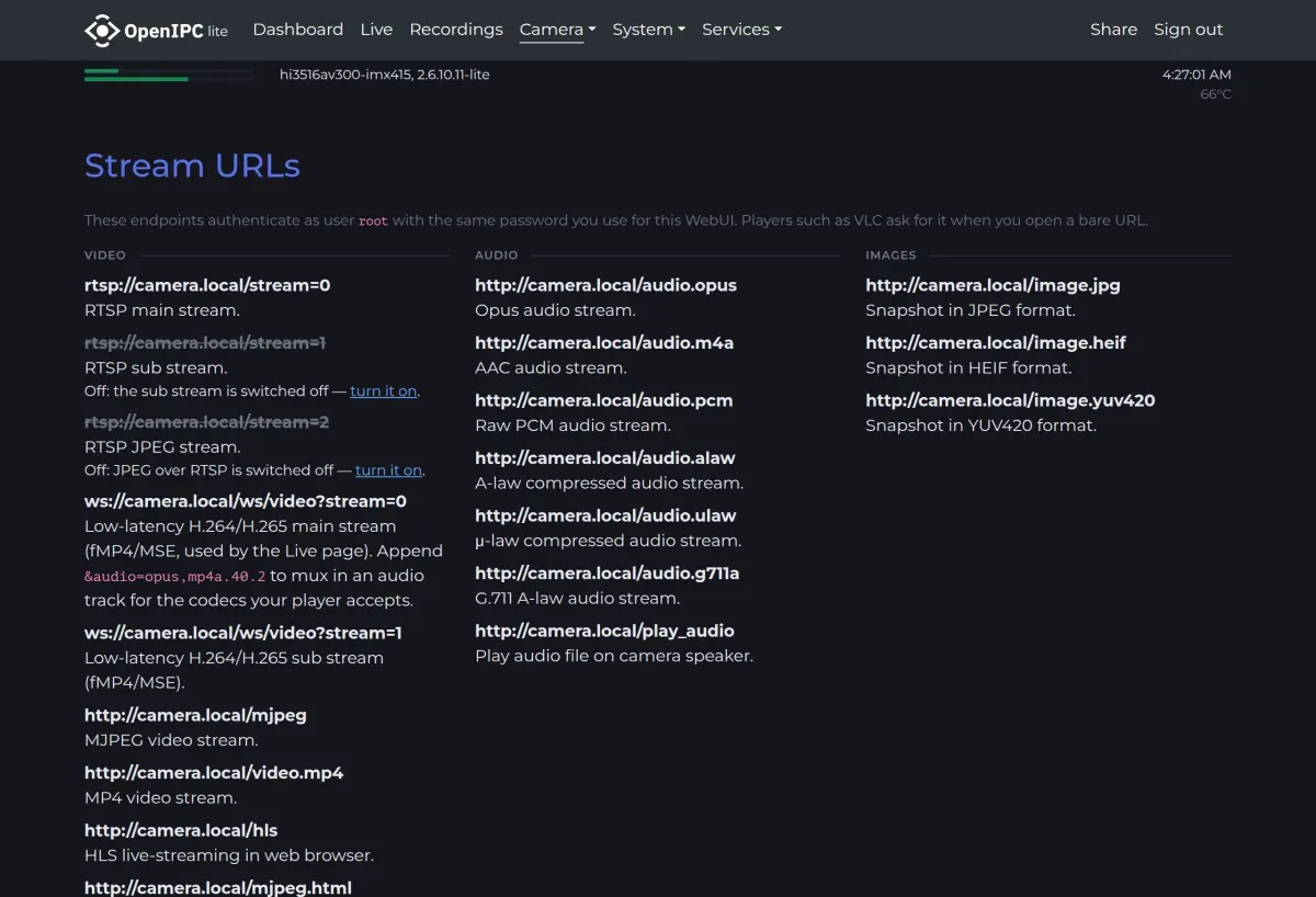 Camera - Stream URLs page of the OpenIPC web interface